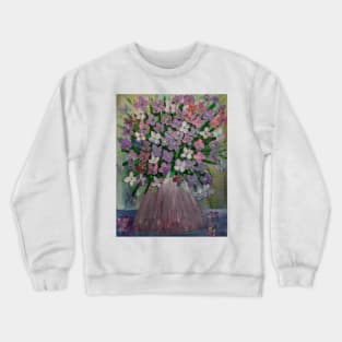 purple and pink abstract flowers . In a metallic silver and gold vase . Crewneck Sweatshirt